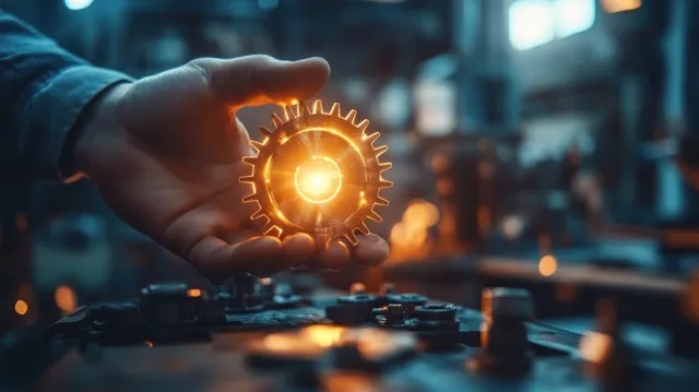 Hand lighting a glowing gear icon over circuit-like business dashboard in blur