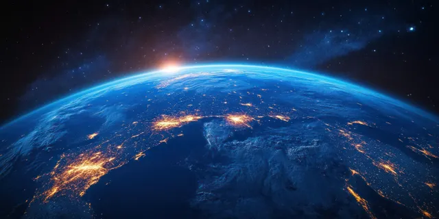 Earth viewed from space with illuminated Asian city lights and glowing atmosphere