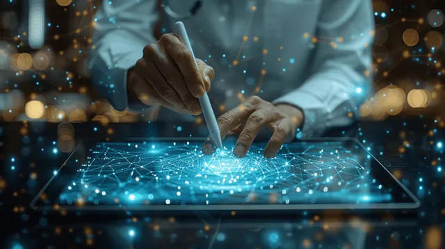 Hands tap a tablet showing a checklist while glowing data points form a digital grid behind it.