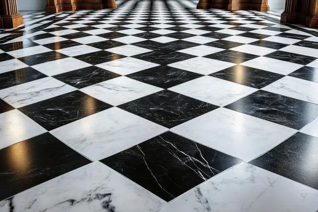 Black and white marble checkered floor tiles with sunlight highlights and geometric diamond pattern.