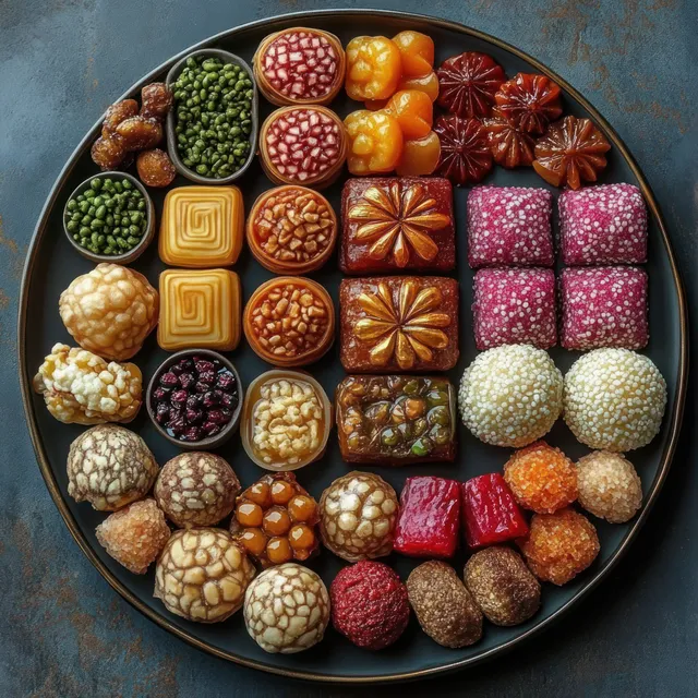 Assorted colorful traditional sweets arranged in a circular plate on dark textured stone background.