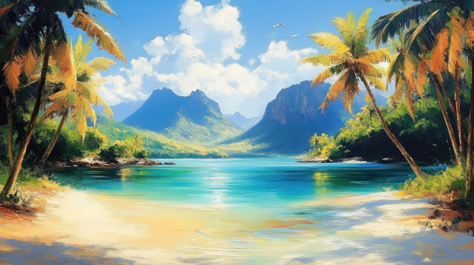 Oil painting of a tropical lagoon with palm trees, turquoise water, sandy shore, and distant mountain peaks.