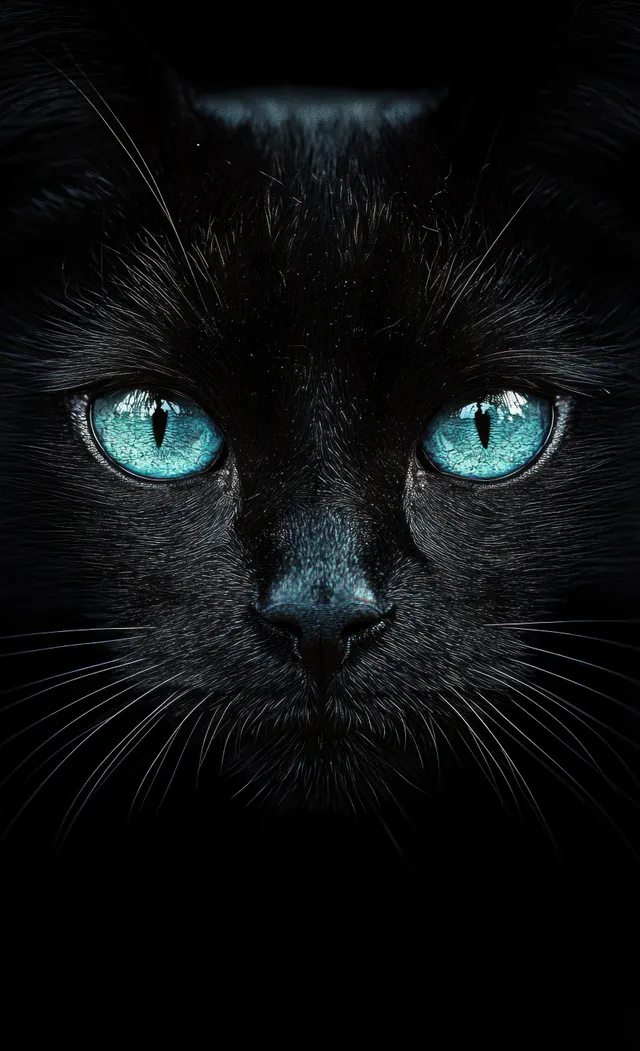 Close-up of a black cat with vivid blue eyes, whiskers, and fur texture against a dark background.