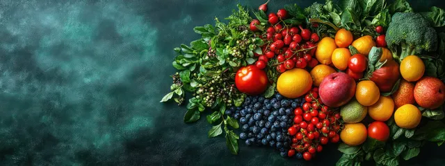 Fresh fruits and vegetables spill from a fabric tote bag against a deep green background.