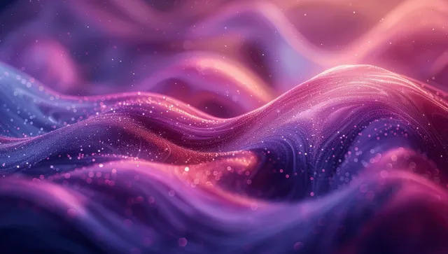 Blue and purple neon wave ribbons ripple across an abstract background with soft glowing light and curved lines.