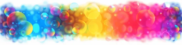 Iridescent neon circles and bokeh lights glow in a soft blurred horizontal gradient background.