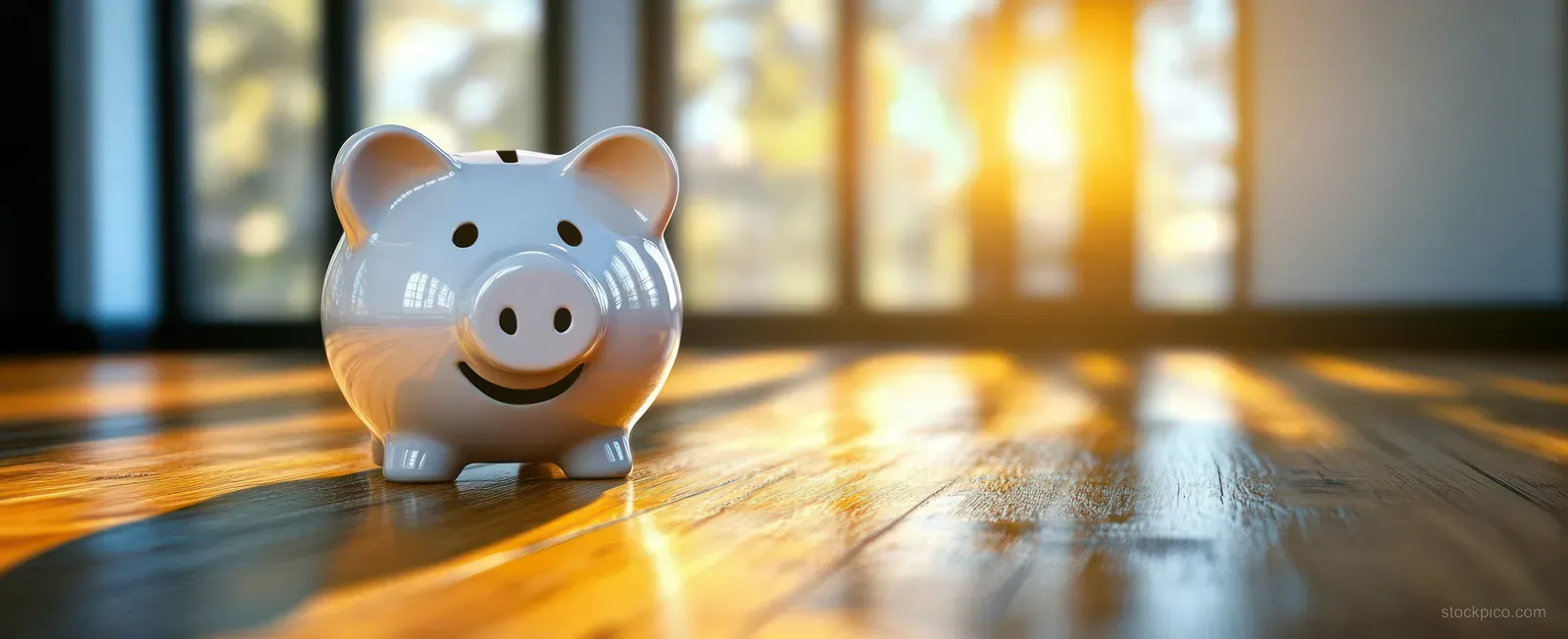 A piggy bank rests on a wooden floor with warm sunlight and blurred windows behind it.