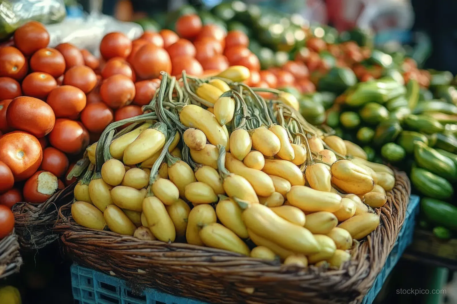 Edamame pods and sweet corn kernels sit in woven baskets among other fresh vegetables at a market.