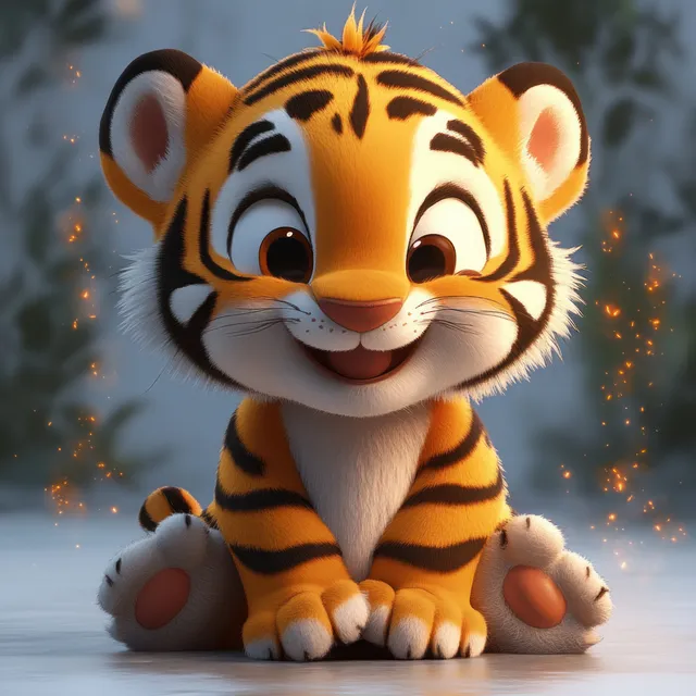 Cute 3D cartoon tiger cub sitting on snowy ground with glowing fireflies