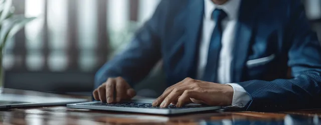 A suited businessman types on a laptop at his office desk while working.