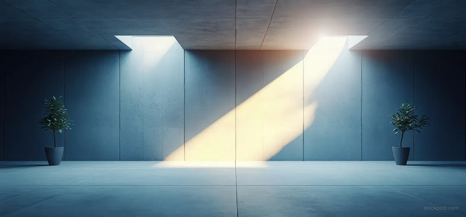 Minimalist concrete interior with bright ceiling light beams casting sharp geometric shadows on the floor.