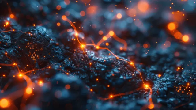 Glowing neuron network transmitting signals across a dark brainlike tissue background