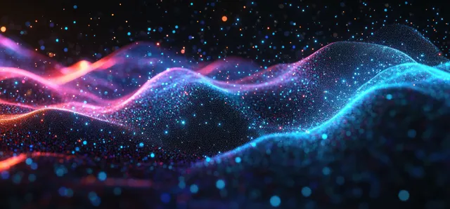 Glowing blue and pink particle waves undulate across a dark digital background, forming a luminous landscape.
