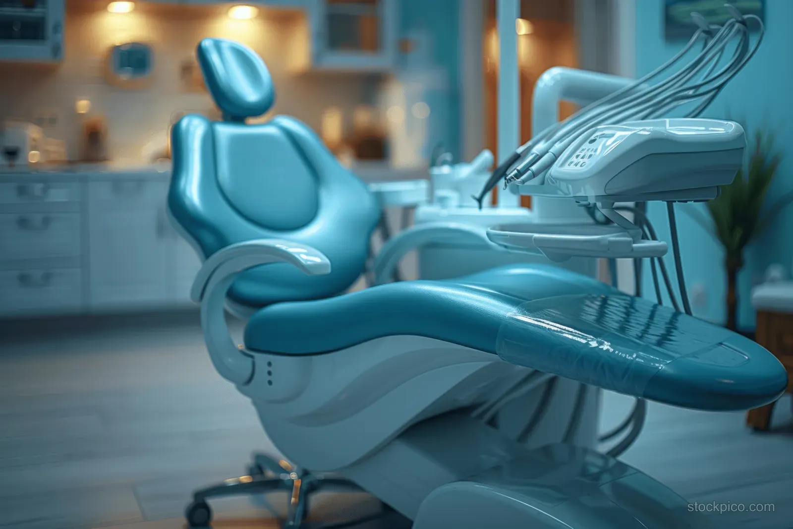 Blue dental treatment chair and robotic dental device in an empty clinic room with cabinets and lights.