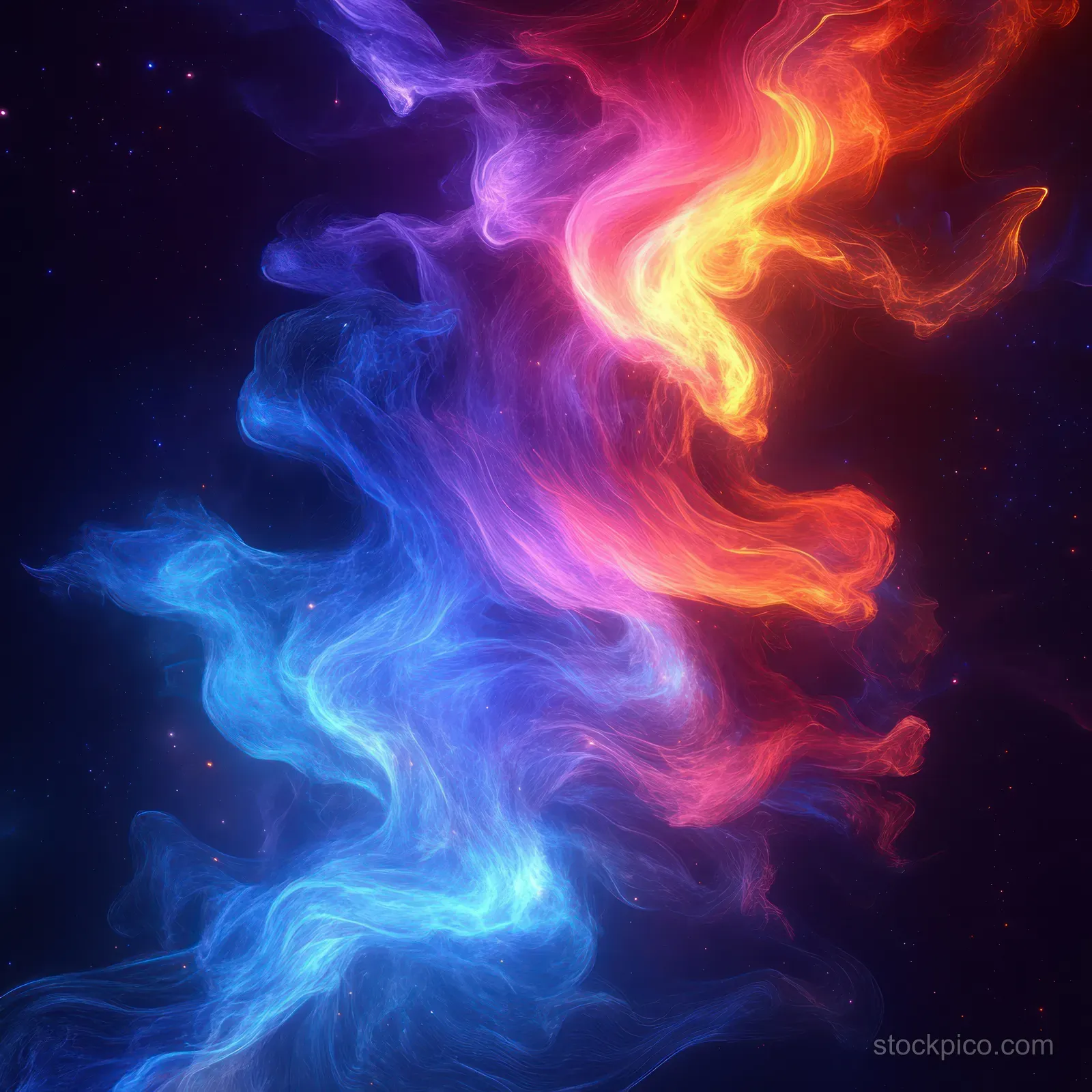 Neon blue, purple, pink, and red light waves swirl across a dark background like glowing flowing energy.