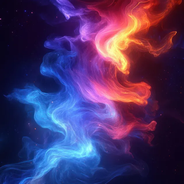 Swirling neon light waves blending blue, purple, pink, and fiery red on dark backdrop