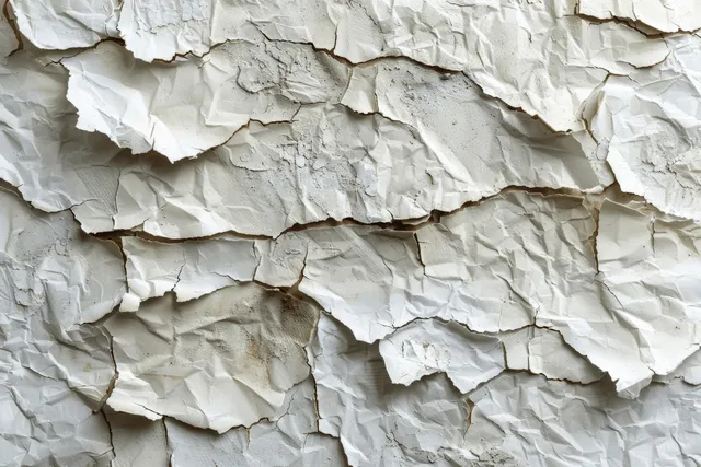 Close-up of a wall with peeling white plaster revealing mottled grey concrete underneath and rough cracks.