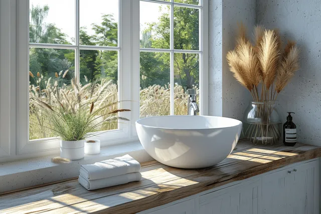 Minimalist bathroom vanity with white sinks, chrome faucets, wooden countertop, and towels beside a window.