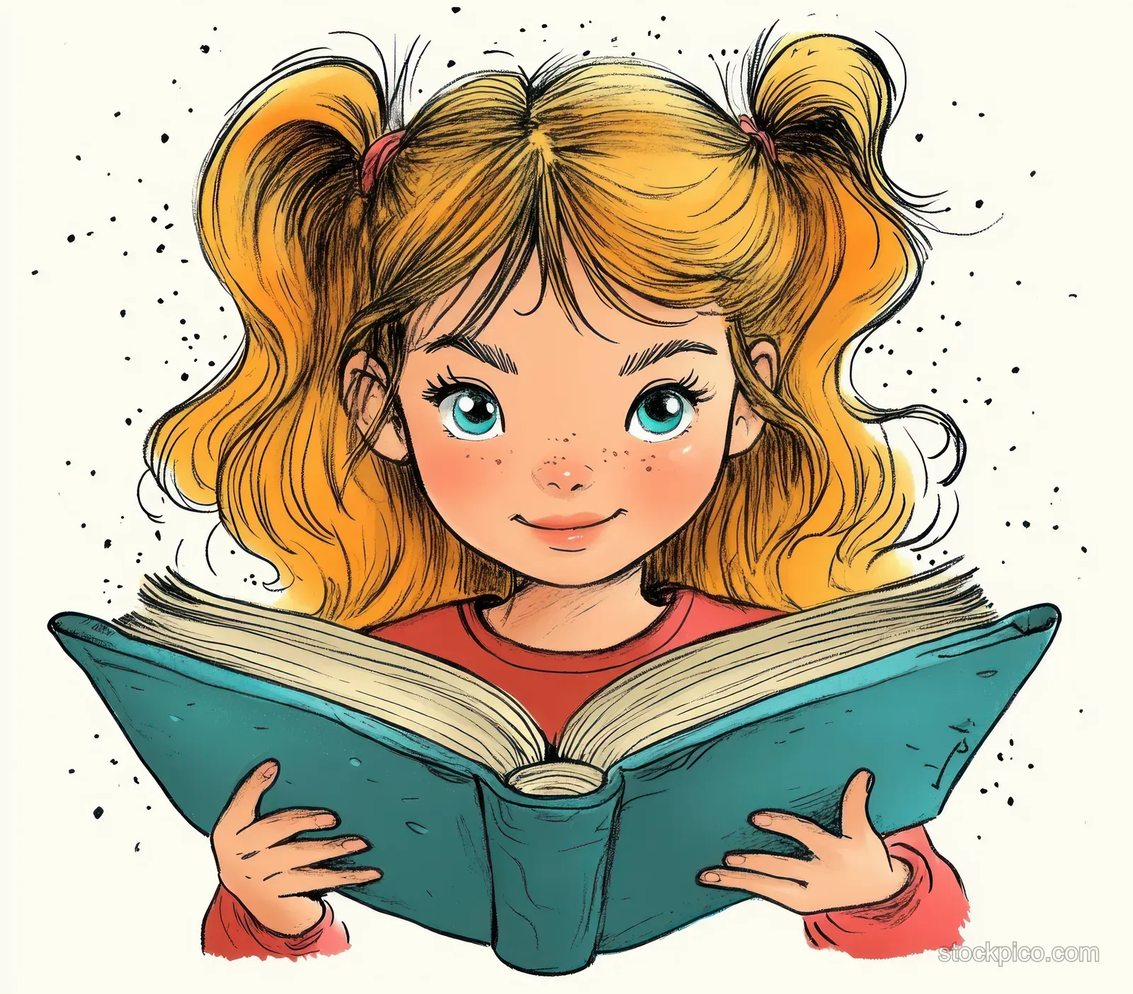 Young girl reading an open teal book with floating ink sparkles around her face.