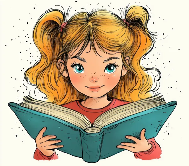 Young girl reading an open teal book with whimsical floating ink sparkles
