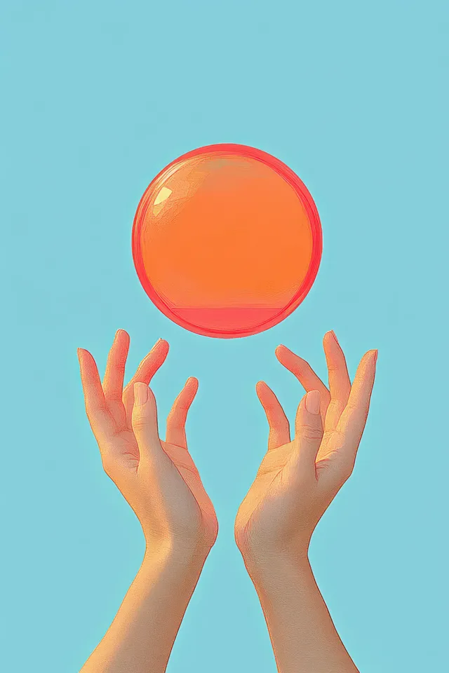 Two hands lift a red speech bubble symbol against a solid light blue background.