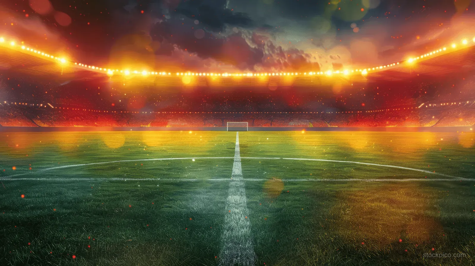 Neon-lit soccer stadium at night with Germany flag visible at the center of the field.