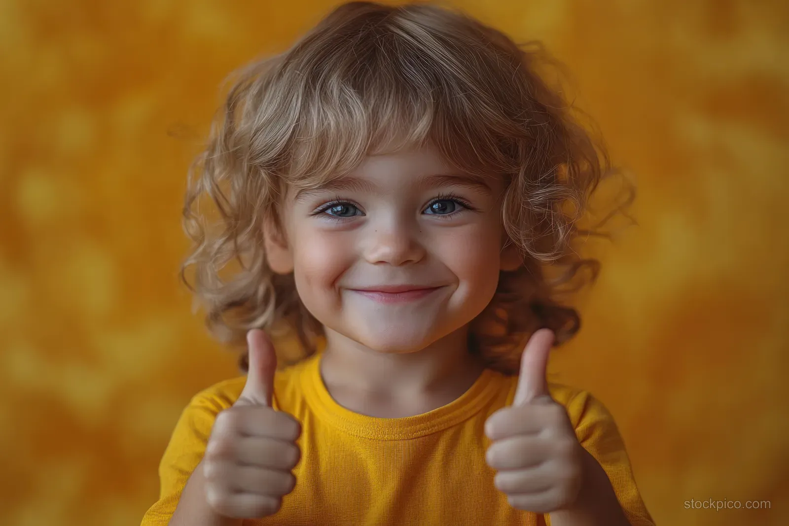 A toddler in a yellow shirt gives thumbs up while standing against a solid yellow background.