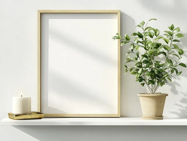 Gold horizontal picture frame mockup with a candle and potted green plant on a white shelf.
