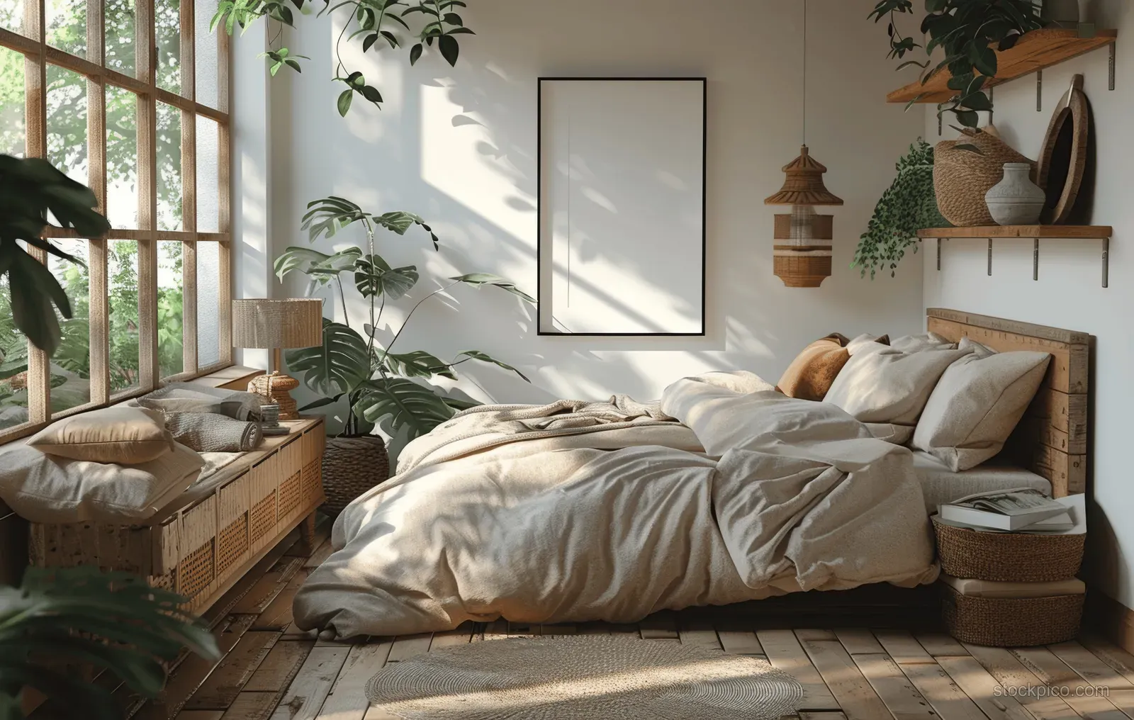 Warm sunlight fills a coastal bedroom with a wooden bed, wicker accents, plants, and framed wall art.