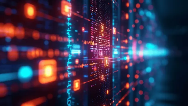 Futuristic server rack with glowing data streams flowing through blurred network lights