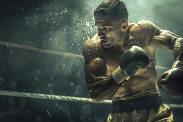 Irish light heavyweight boxer throws a right hook in a dim vintage ring under dramatic lights