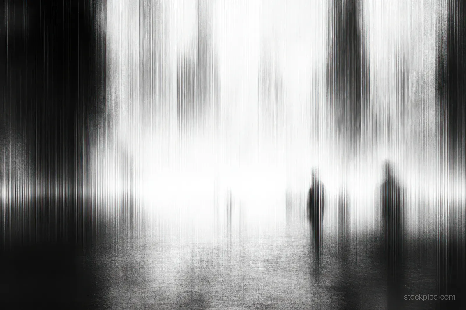 Blurred black-and-white silhouettes walk through dense fog while vertical light streaks blur the street.