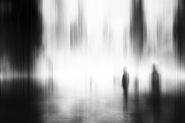 Blurred black-and-white silhouettes walk through dense fog while vertical light streaks blur the street.
