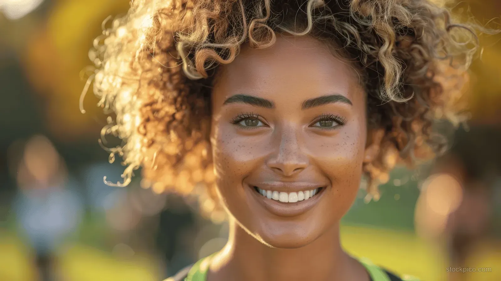 Smiling mixed-race woman with curly hair outdoors in Central Park in warm golden hour light.