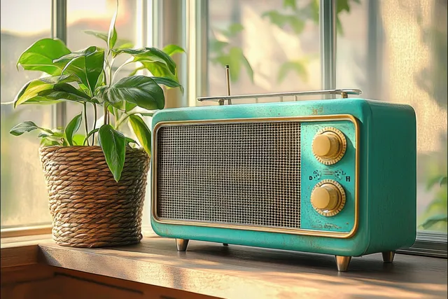 Vintage teal radio with gold knobs on wooden ledge beside potted plant by window light