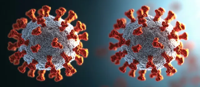 Two 3D coronavirus particles with spiked surfaces glow red against a dark blue background.