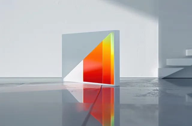 A colored triangular prism in a white room casts warm orange and yellow reflections on a glossy floor.