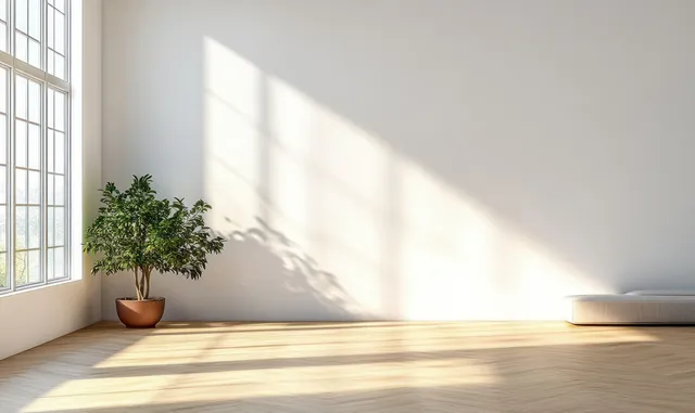 Sunlight streams through large windows into a minimalist room, casting shadows on a white wall beside a potted plant.