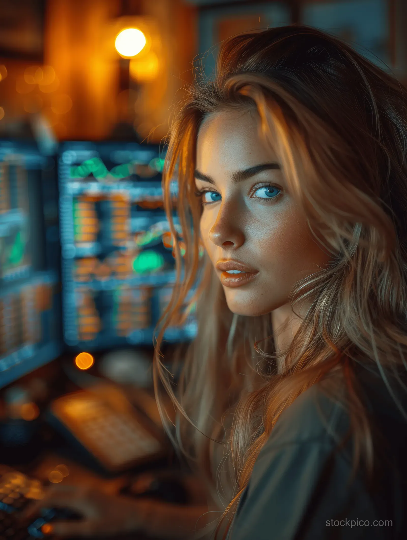 Young woman analyst focused on glowing stock market charts on multiple monitors while working at a night-lit desk.