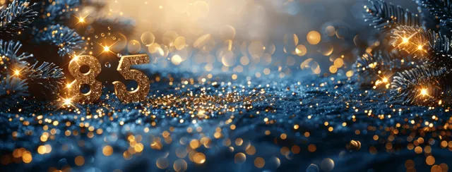 Golden 85 number sparkles on a dark blue winter background with bokeh lights and glowing particles.