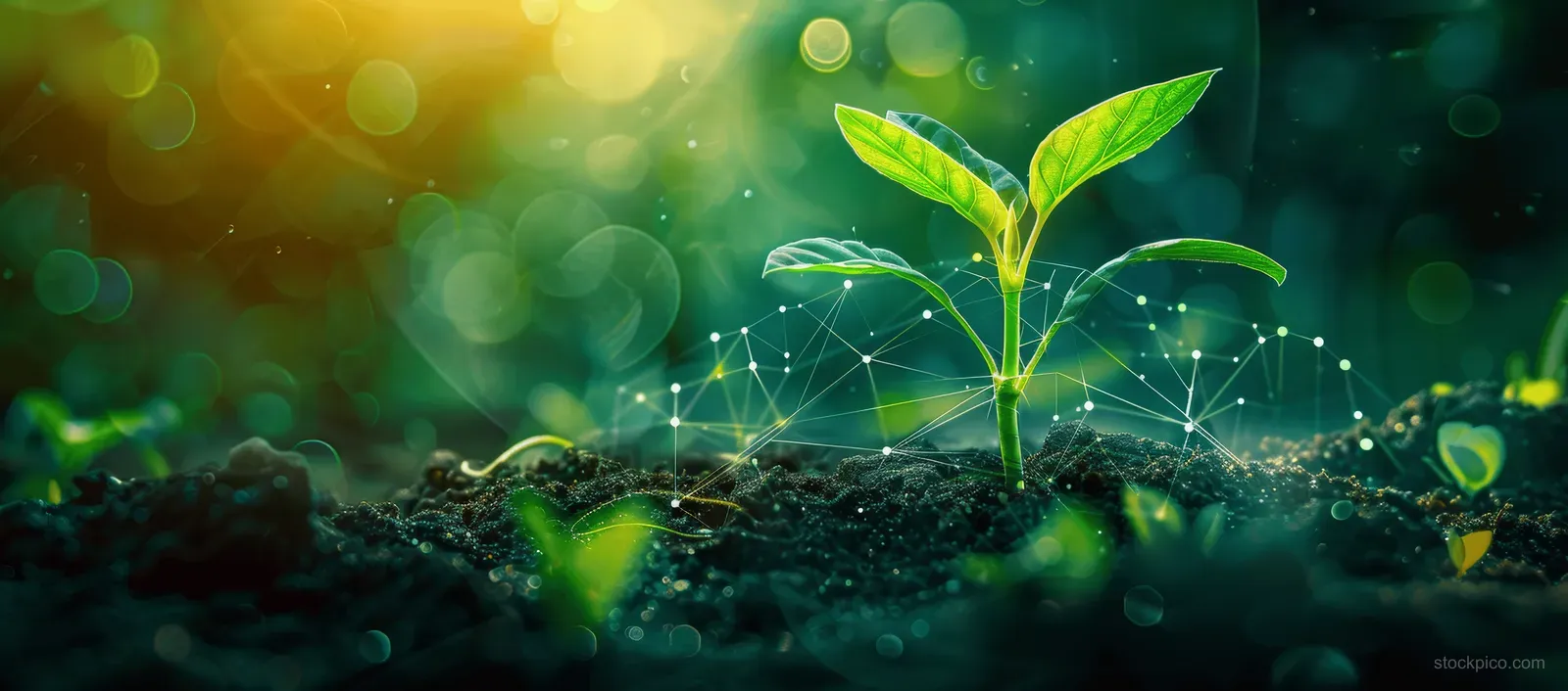 A green sprout grows from dark soil with glowing network lines and blurred lights behind it.