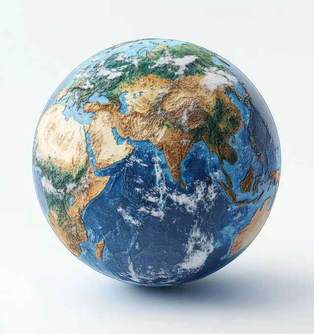 3D globe of Earth isolated on white, highlighting Asia and Europe with detailed terrain and ocean shading.