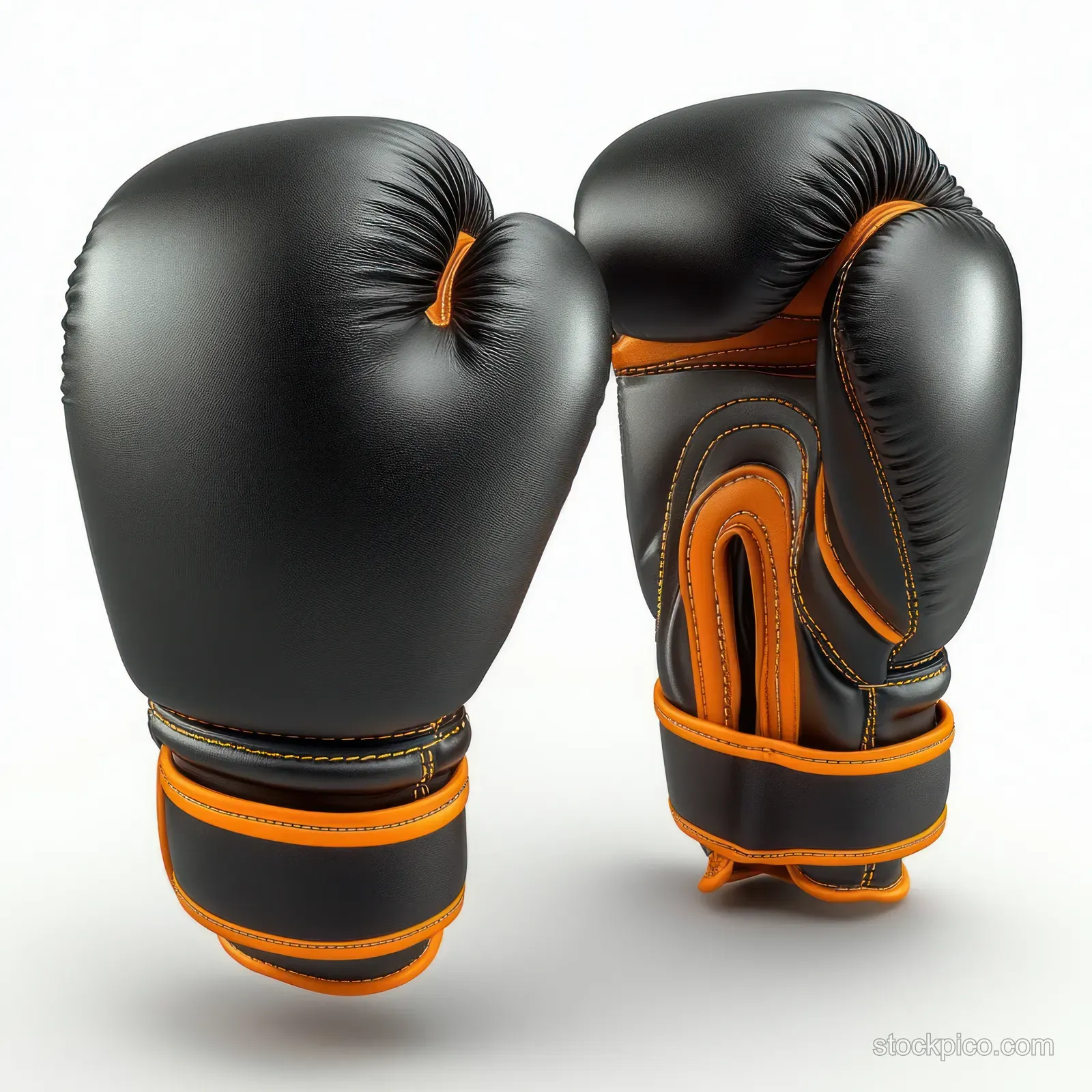 Two black boxing gloves with orange trim are positioned against a white background.