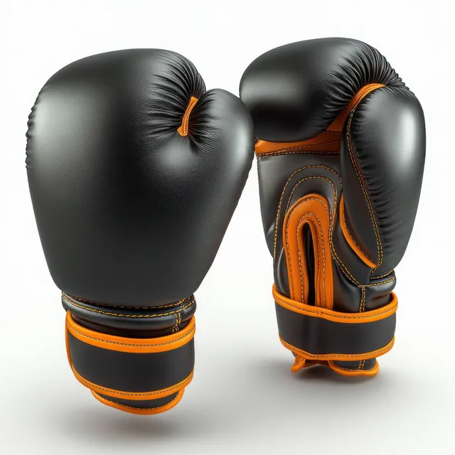 Two black boxing gloves with orange trim are positioned against a white background.