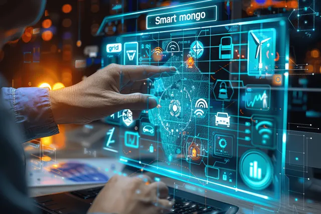 Technician taps smart grid hologram on touch screen showing power lines and wind farms
