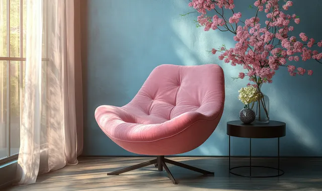 Pink plush lounge chair beside sheer curtains and a side table with a vase of blooming branches on a blue wall.