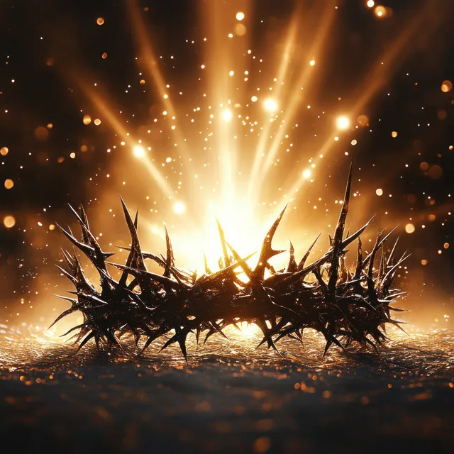 Crown of thorns on a wooden cross illuminated by radiant golden light beams and floating particles.
