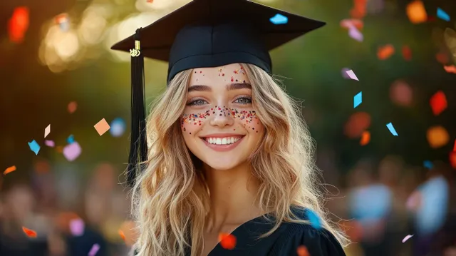 Smiling graduate in cap and gown outdoors with colorful confetti falling around her with Shallow Depth Of Field