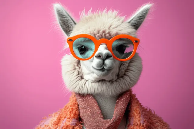 An alpaca wearing orange glasses and a textured coat is centered against a vivid pink background.