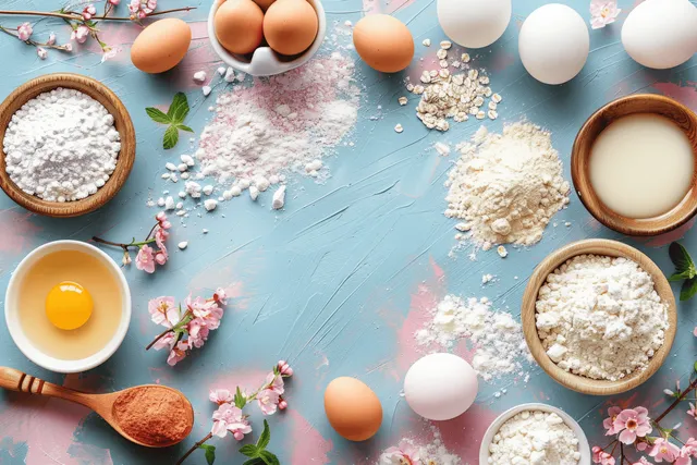 Overhead view of eggs, flour and milk ingredients with cherry blossom petals on a pastel blue kitchen surface.